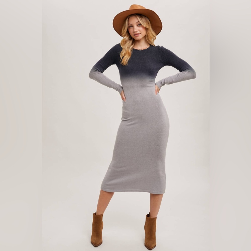 OMBRE BODYCON KNIT MIDI DRESS: ASH